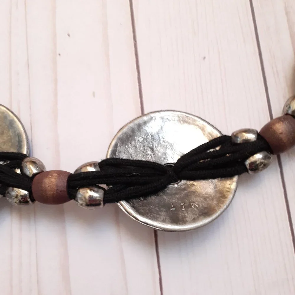 Vintage 80s Medallion & Bead Elastic Cord Belt Black Silvertone